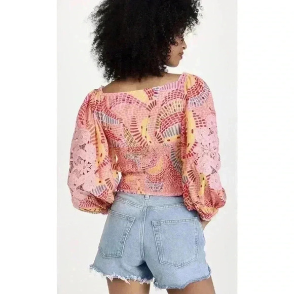 Farm Rio Anthropologie Embroidered Tropical Blouse Bananas L Long Sleeve Shirt - Picture 6 of 9